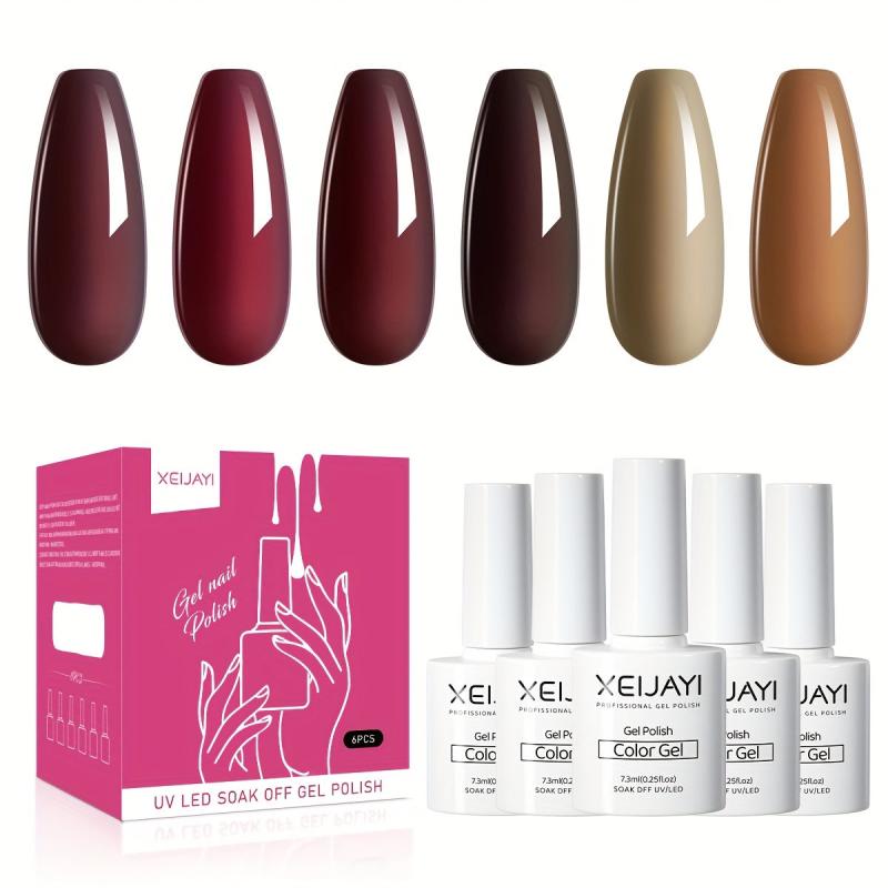 6 Colors Gel Nail Polish Starter Kit Red Brown Collection Soak Off No Wipe
