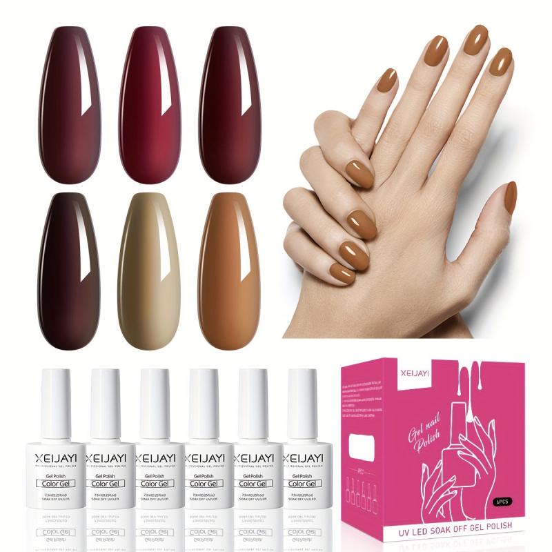 6 Colors Gel Nail Polish Starter Kit Red Brown Collection Soak Off No Wipe