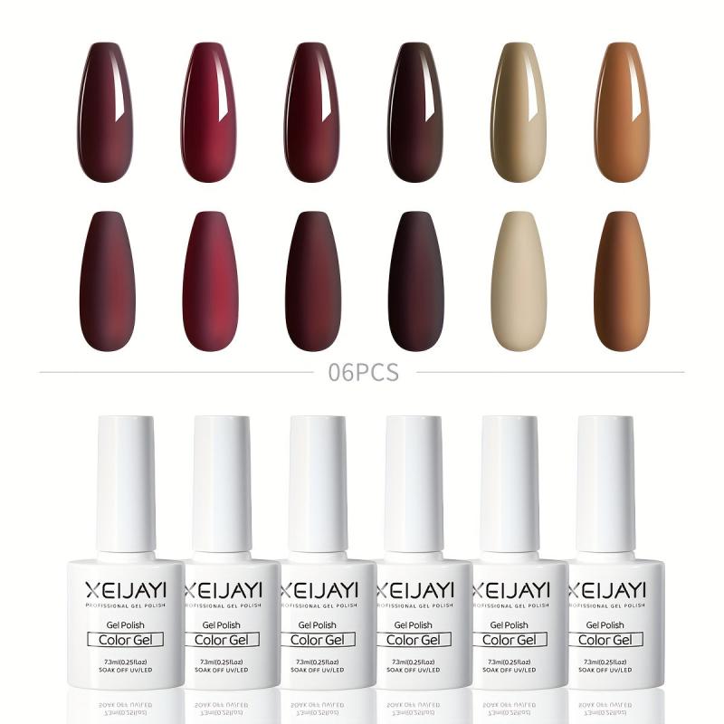 6 Colors Gel Nail Polish Starter Kit Red Brown Collection Soak Off No Wipe