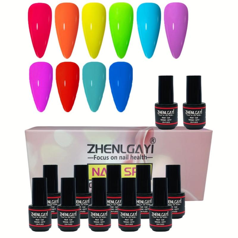Neon Gel Nail Polish Set with Base & Top Coat Bright Red Purple Green Yellow 12p