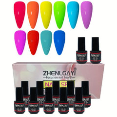 Neon Gel Nail Polish Set with Base & Top Coat Bright Red Purple Green Yellow 12p