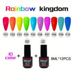 Neon Gel Nail Polish Set with Base & Top Coat Bright Red Purple Green Yellow 12p