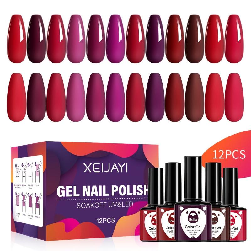 12 Colors Gel Nail Polish Starter Kit Red Purple Collection