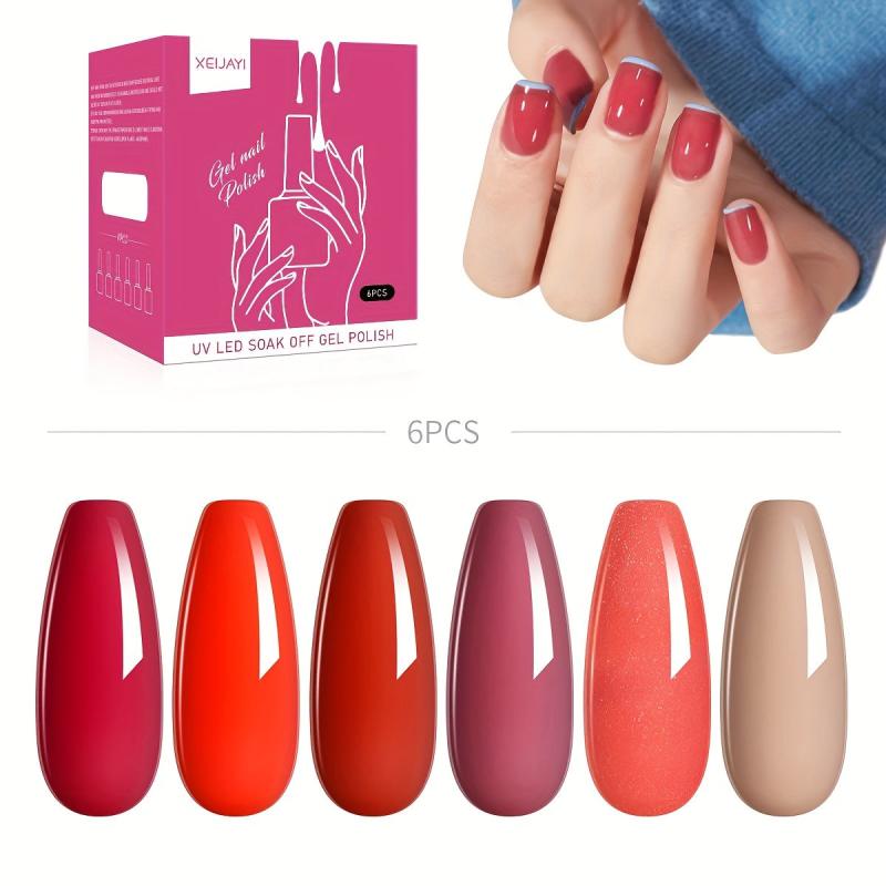 Red Gel Nail Polish Set 6 Colors Soak Off No Wipe Nail Gel Polish
