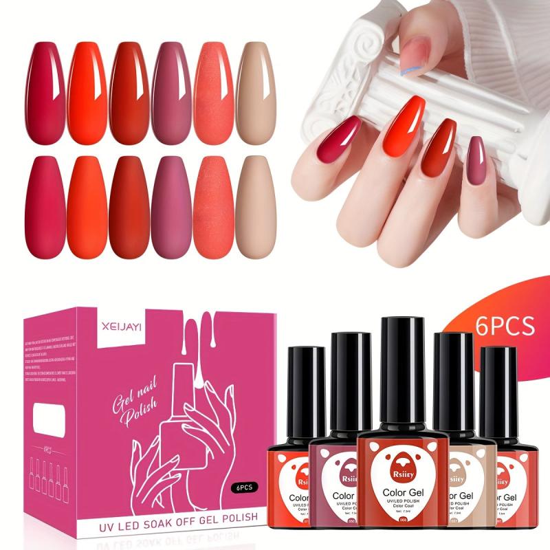 Red Gel Nail Polish Set 6 Colors Soak Off No Wipe Nail Gel Polish