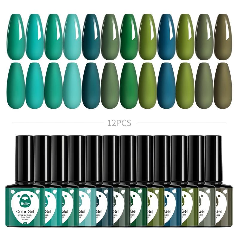 12 Colors Green Gel Nail Polish Set