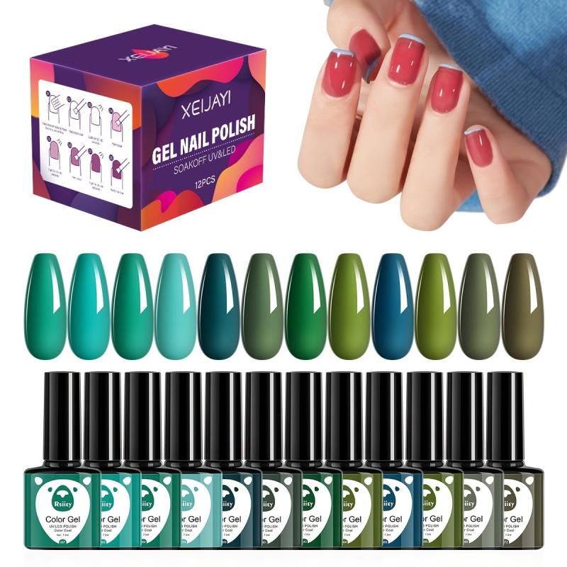 12 Colors Green Gel Nail Polish Set
