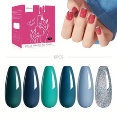 Cyan Silvery Glitter Gel Varnish 6 Colors Kit