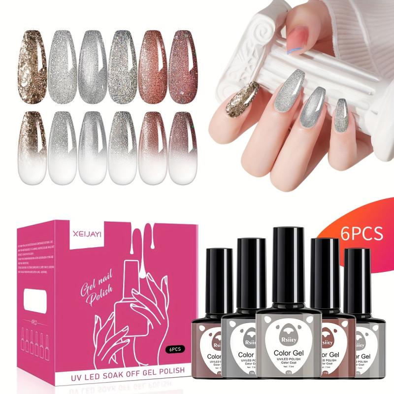 Glitter Gel Nail Polish Kit 6 Colors Soak Off No Wipe
