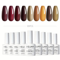 Gel Nail Polish Starter Kit Soak Off No Wipe Set 9 Colors Red Brown Collection