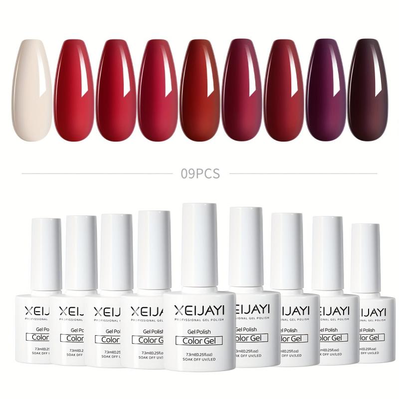 Gel Nail Polish Starter Kit Soak Off No Wipe Set 9 Colors Red Brown Collection