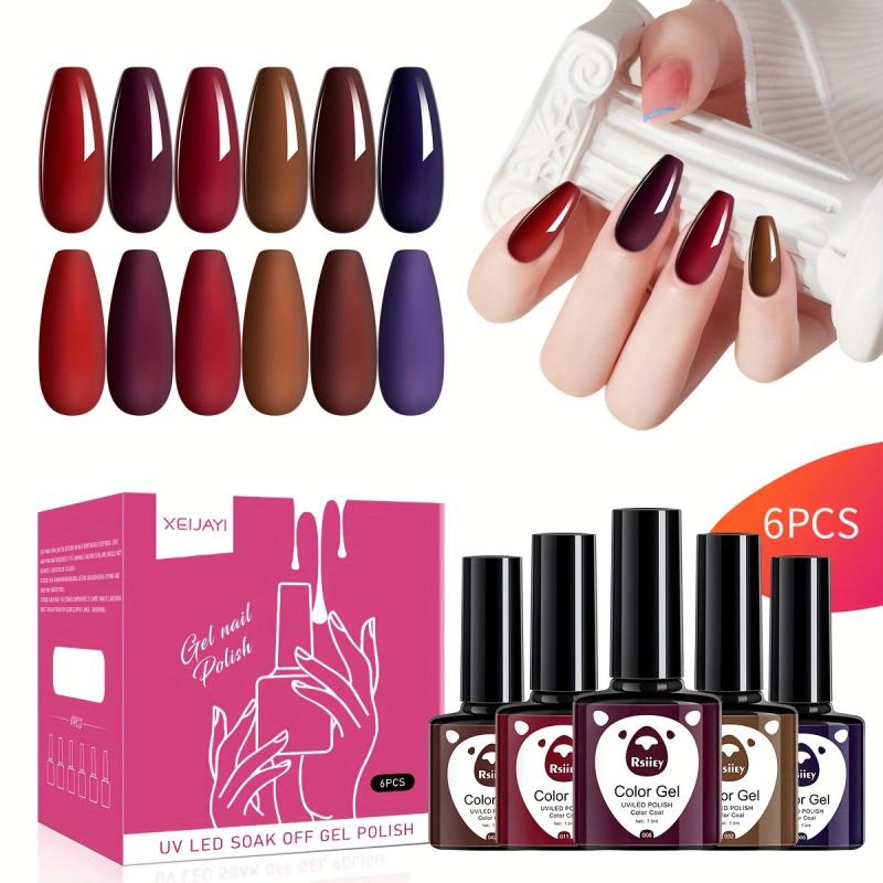 Red Brown Gel Nail Polish Set 6 Colors Soak Off No Wipe