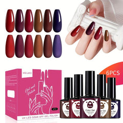 Red Brown Gel Nail Polish Set 6 Colors Soak Off No Wipe