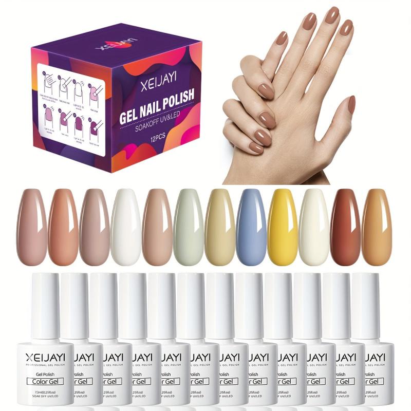 Gel Nail Polish Starter Kit 12 Colors Nude Brown No Wipe Set