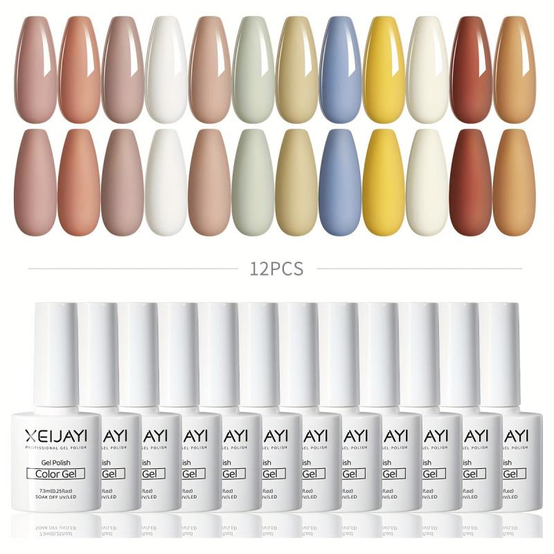 Gel Nail Polish Starter Kit 12 Colors Nude Brown No Wipe Set
