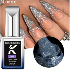 2-In-1 Sparkling Silver Glitter Gel Polish - Top Coat No Wipe Varnish
