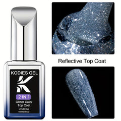 2-In-1 Sparkling Silver Glitter Gel Polish - Top Coat No Wipe Varnish