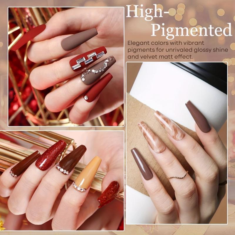 6-Color Gel Polish Set Brown Red Orange Yellow Glitter Soak Off Fall Manicure