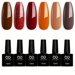 6-Color Gel Polish Set Brown Red Orange Yellow Glitter Soak Off Fall Manicure