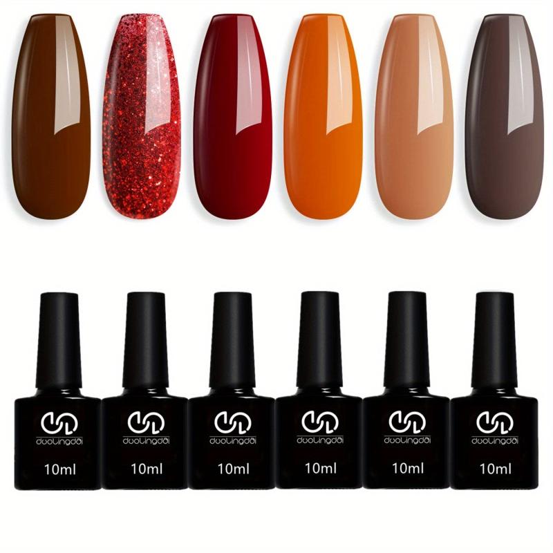 6-Color Gel Polish Set Brown Red Orange Yellow Glitter Soak Off Fall Manicure