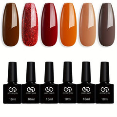6-Color Gel Polish Set Brown Red Orange Yellow Glitter Soak Off Fall Manicure