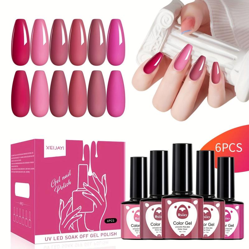 Red Pink Gel Nail Polish Starter Kit 6 Colors Soak Off No Wipe Set