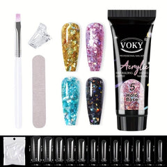 5pcs Reflective Glitter Nail Gel Kit + File Brush, 24pcs Tips for Acrylic Nail