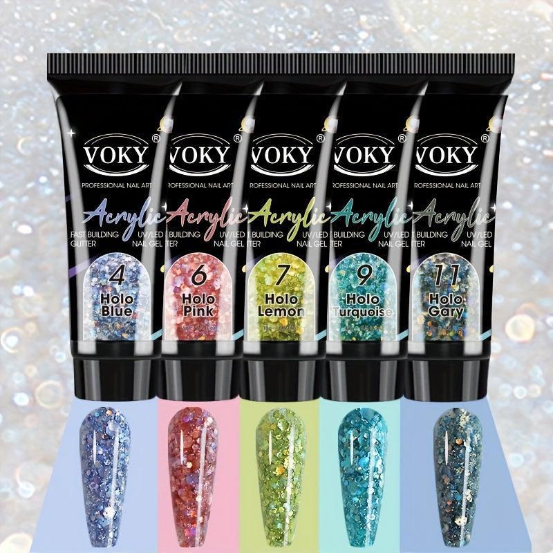 5pcs Reflective Glitter Nail Gel Kit + File Brush, 24pcs Tips for Acrylic Nail