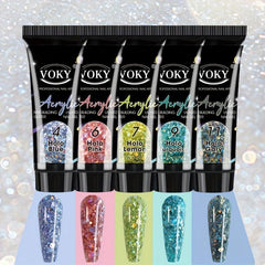 5pcs Reflective Glitter Nail Gel Kit + File Brush, 24pcs Tips for Acrylic Nail