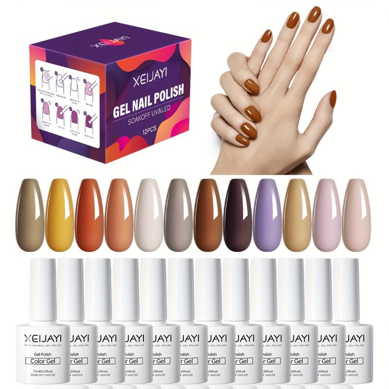 12 Colors Nude Brown Gel Nail Polish Starter Kit, No Wipe Soak Off Set