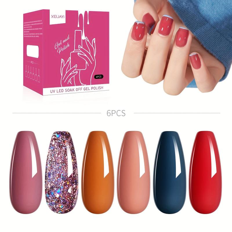 Gel Nail Polish Kit Red Brown Pink Glitter Varnish Set