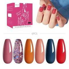 Gel Nail Polish Kit Red Brown Pink Glitter Varnish Set