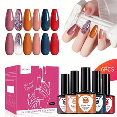 Gel Nail Polish Kit Red Brown Pink Glitter Varnish Set