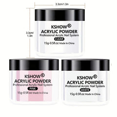 Acrylic Nail Powder Set: 20gx3 Pink, 15gx3 Clear