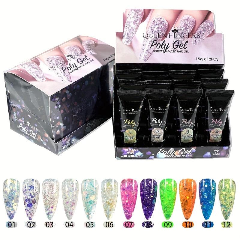 12 Pcs Quick Extension Nail Gel Polish Sequin Polish Crystal Nail Polish