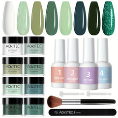 Aokitec 16Pcs Green Glitter Dip Powder Nail Kit