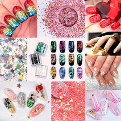 12 colors Holographic Mixed Star and Hexagon Nail Glitters