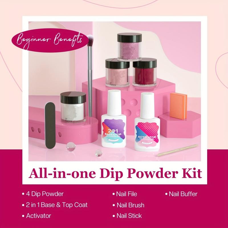 10 Pcs Dip Powder Nail Kit Starter 4 Colors Hot Pink Acrylic Dipping Powder