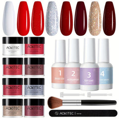 Aokitec 16Pcs Red Glitter Dip Powder Nail Kit DIY Salon Dip System