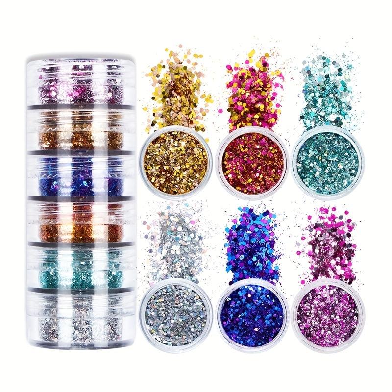 6 Pcs Hexagon Nail Sequins Chunky Glitter Kit Laser Silver Mix Flakes