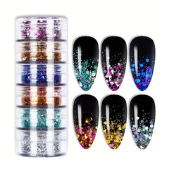 6 Pcs Hexagon Nail Sequins Chunky Glitter Kit Laser Silver Mix Flakes