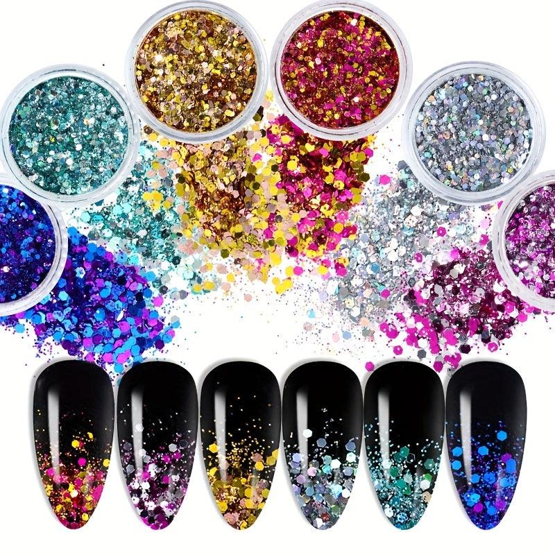 6 Pcs Hexagon Nail Sequins Chunky Glitter Kit Laser Silver Mix Flakes