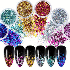 6 Pcs Hexagon Nail Sequins Chunky Glitter Kit Laser Silver Mix Flakes