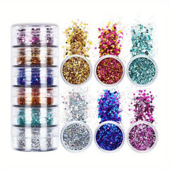 6 Pcs Hexagon Nail Sequins Chunky Glitter Kit Laser Silver Mix Flakes