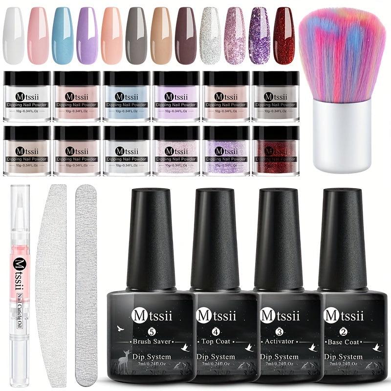 Purple Glitter Nail Dipping Powder Set with Nail File & Brush