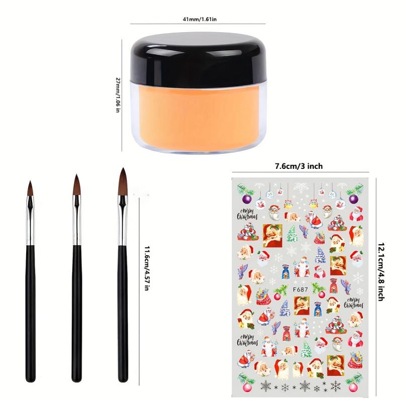3pcs Acrylic Nail Powder, 3 Brushes, 5 Christmas Nail Stickers
