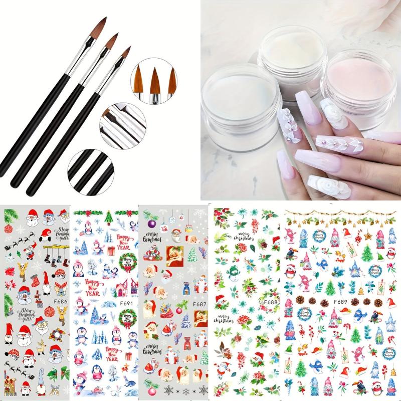 3pcs Acrylic Nail Powder, 3 Brushes, 5 Christmas Nail Stickers