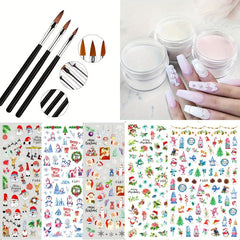 3pcs Acrylic Nail Powder, 3 Brushes, 5 Christmas Nail Stickers