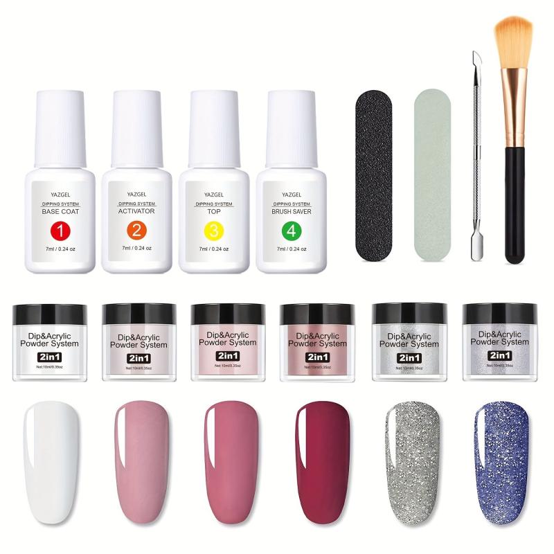 Glitter Pink & Acrylic Dip Powder Nail Kit w/Base & Top Coat for Women and Girls