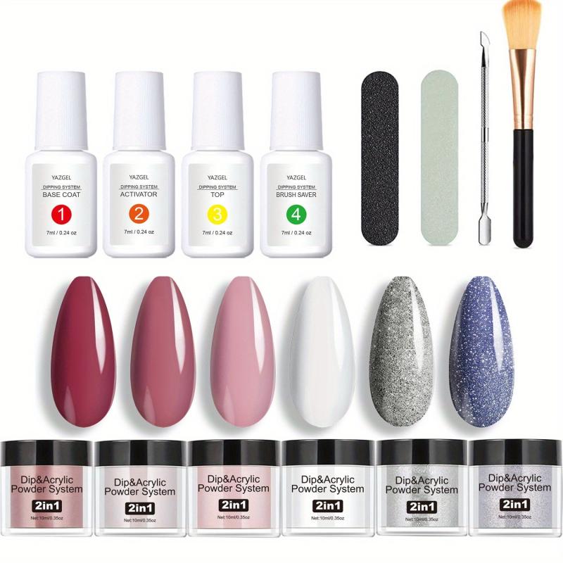 Glitter Pink & Acrylic Dip Powder Nail Kit w/Base & Top Coat for Women and Girls